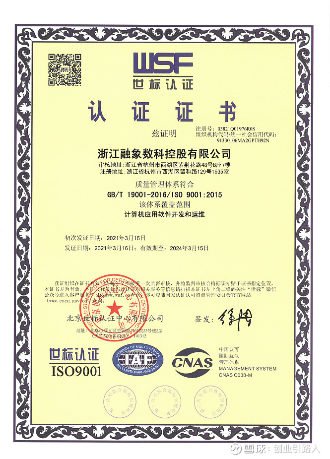 重磅喜讯丨投融界母公司融象数科连获多项iso认证,数字大脑赋能产业数